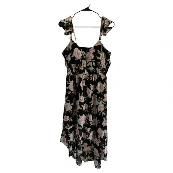 NWOT No Boundaries Juniors Hi Low Black Pink Floral Sheer Ruffle Dress Size L - Picture 7 of 15